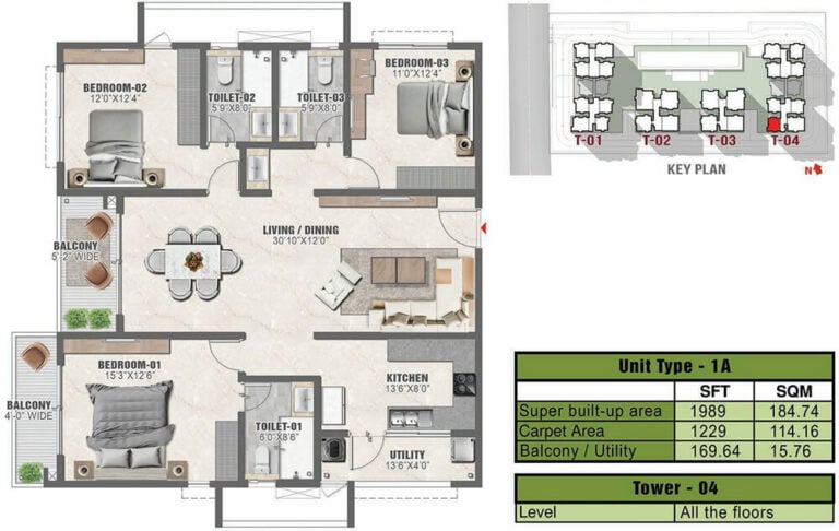 1989 3BHK 1A - Prestige Clairmont