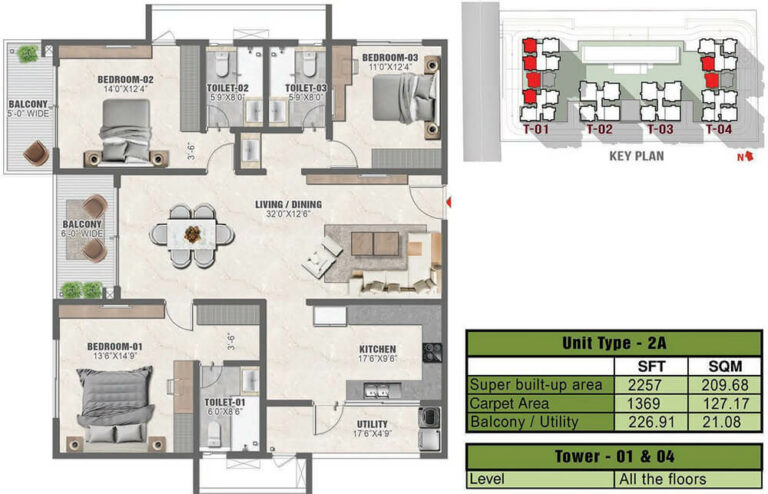 2257 3BHK 2A - Prestige Clairmont