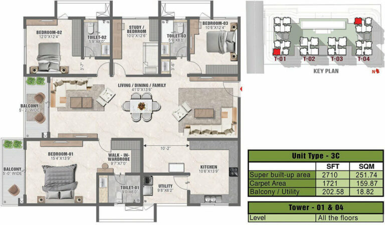 2710 3BHK+Study 3C - Prestige Clairmont