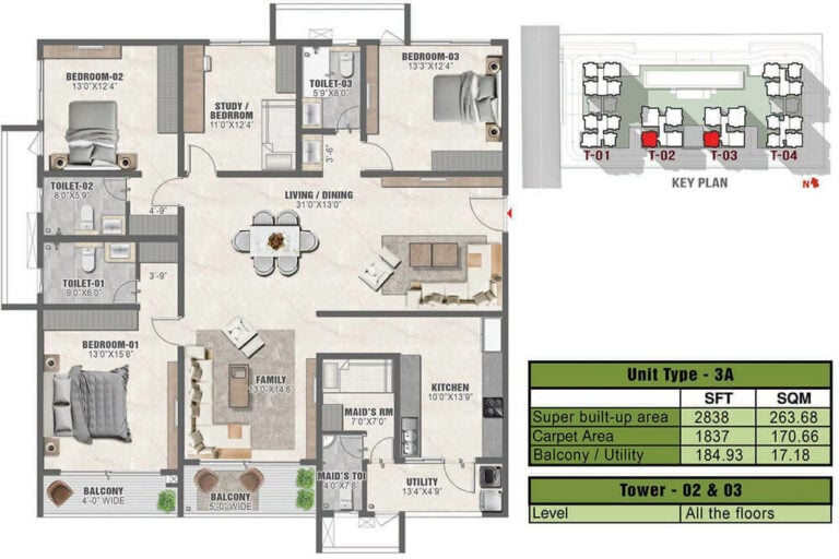 2838 3BHK+Study 3A - Prestige Clairmont