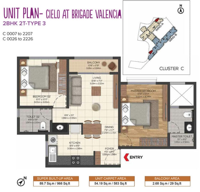 2BHK 966 - Cielo At Brigade Valencia