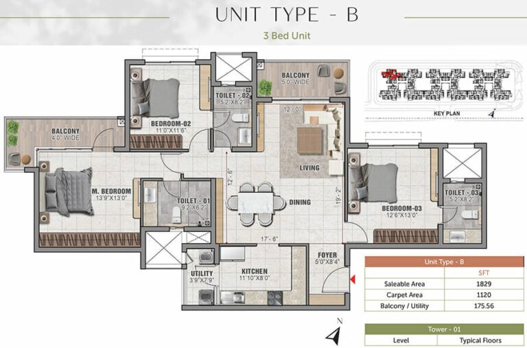 3BHK 1829 - Prestige Elm Park