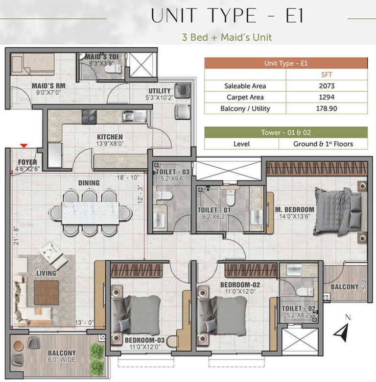 3BHK 2073 - Prestige Elm Park