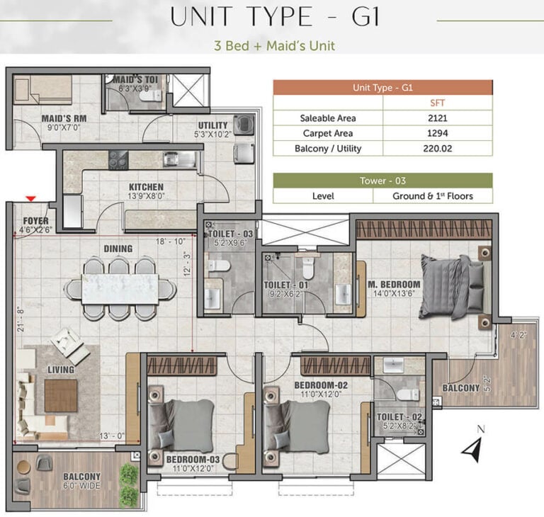3BHK 2121 - Prestige Elm Park