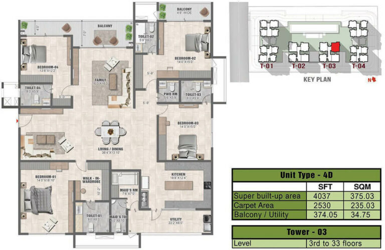 4037 4BHK+Maids 4D - Prestige Clairmont