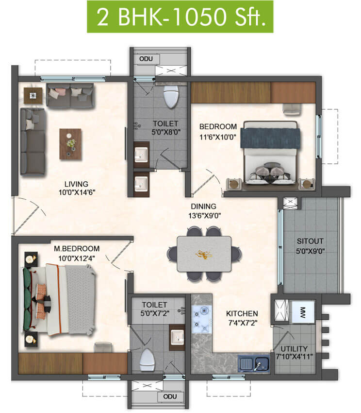 2BHK 1050 - Pavani Mirabilia