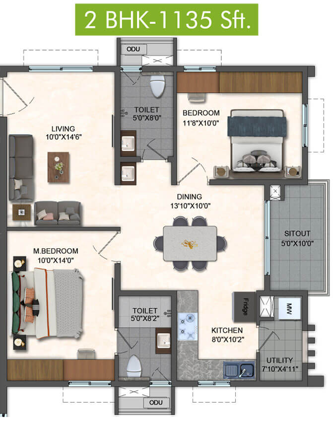 2BHK 1135 - Pavani Mirabilia