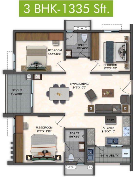 3BHK 1335 - Pavani Mirabilia