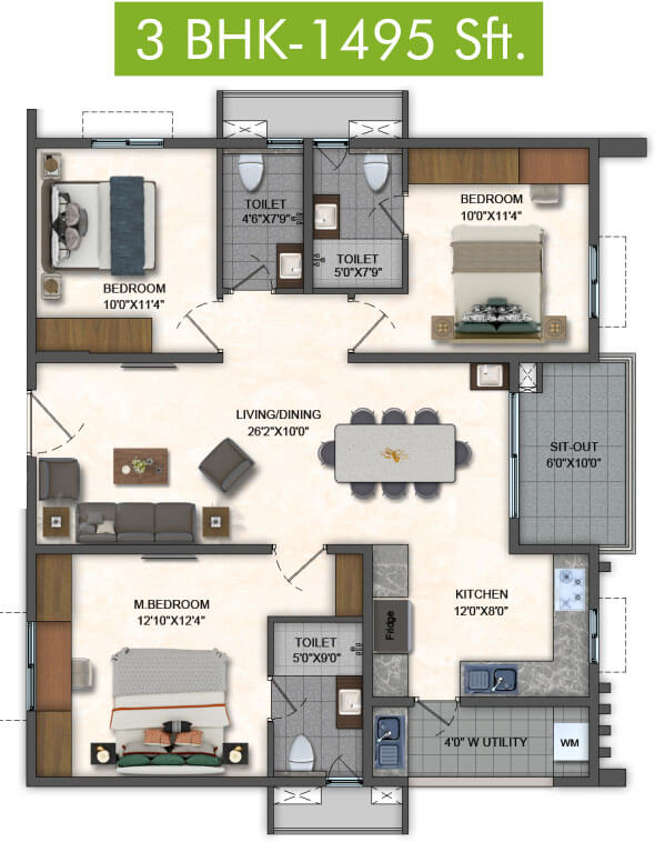 3BHK 1495 - Pavani Mirabilia
