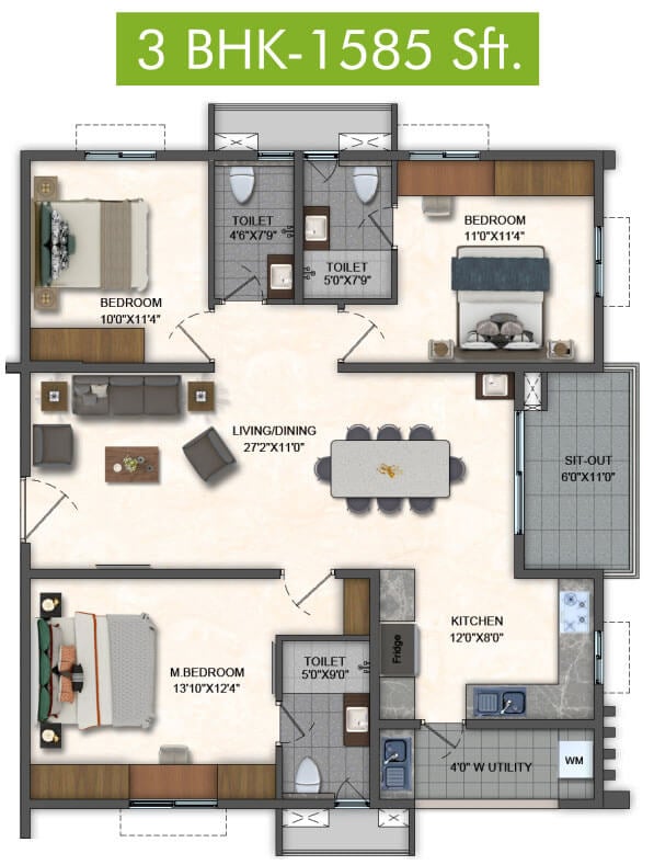 3BHK 1585 - Pavani Mirabilia