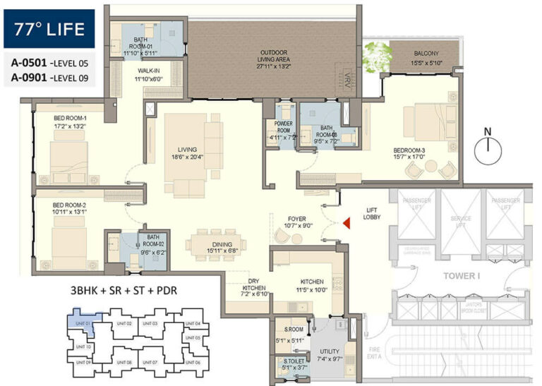 3BHK+SR+ST+PDR L5 - Divyasree 77 Life
