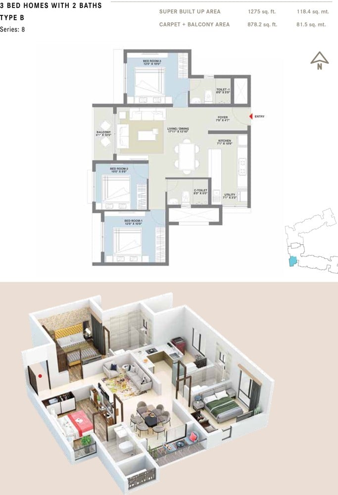 1275 3BHK+2T B - Century Codename New You Century Novus