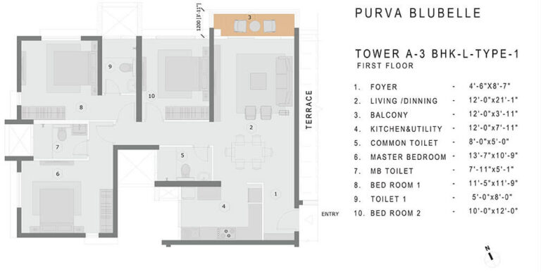 3BHK-L Type-1 - Purva Blubelle
