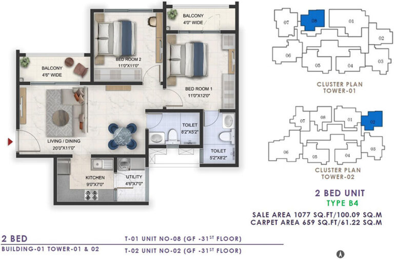 1077 2BHK - Prestige Lavender Fields