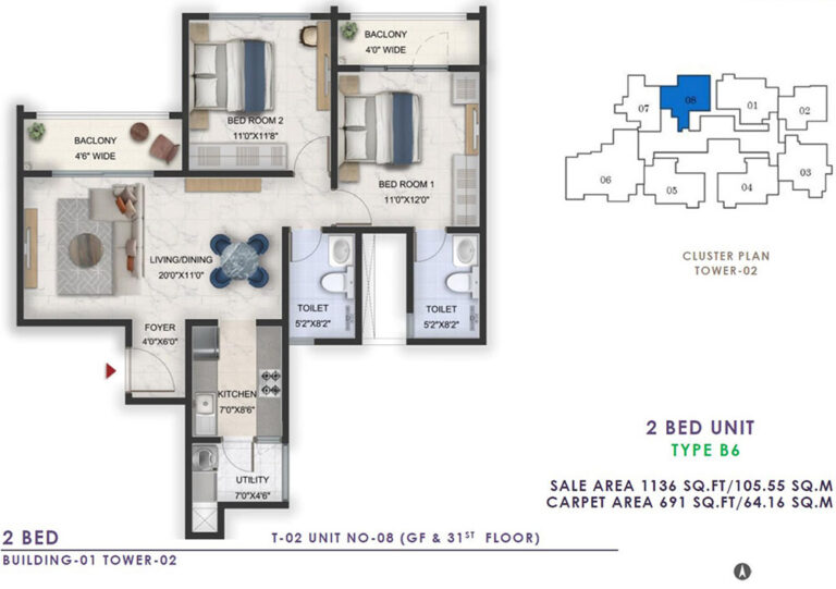 1136 2BHK - Prestige Lavender Fields
