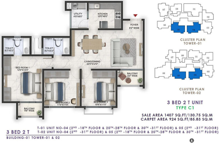 1407 3BHK+2T - Prestige Lavender Fields