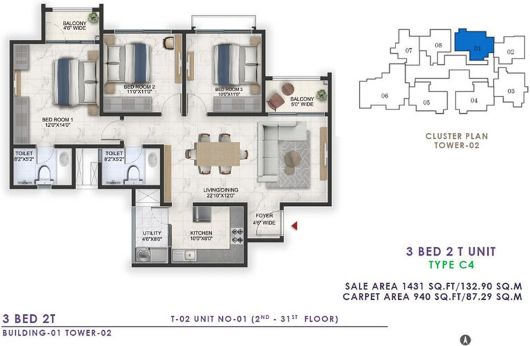 1431 3BHK+2T - Prestige Lavender Fields