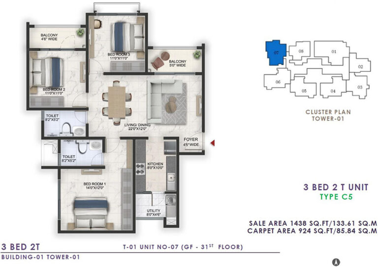 1438 3BHK+2T - Prestige Lavender Fields