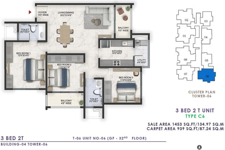 1453 3BHK+2T - Prestige Lavender Fields
