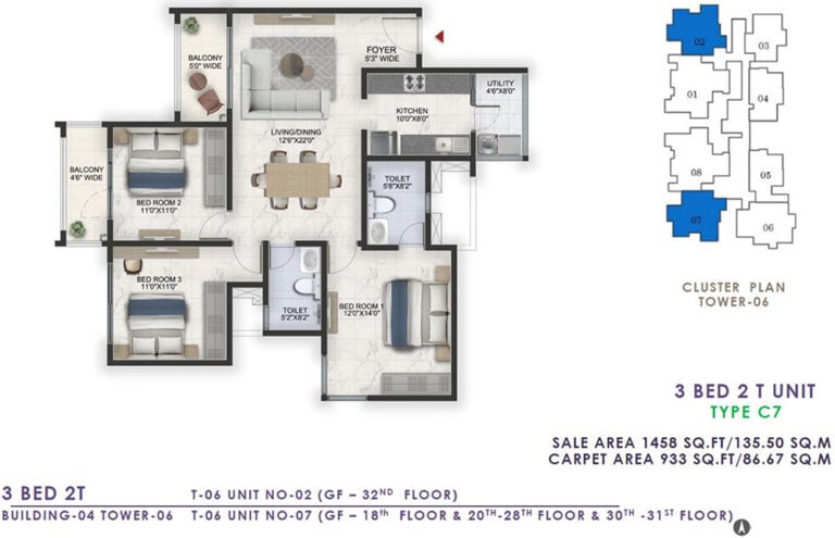 1458 3BHK+2T - Prestige Lavender Fields