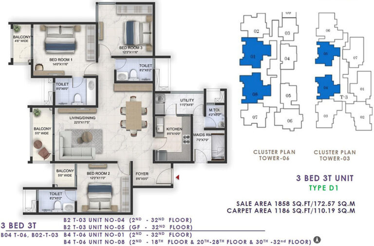 1858 3BHK+3T - Prestige Lavender Fields