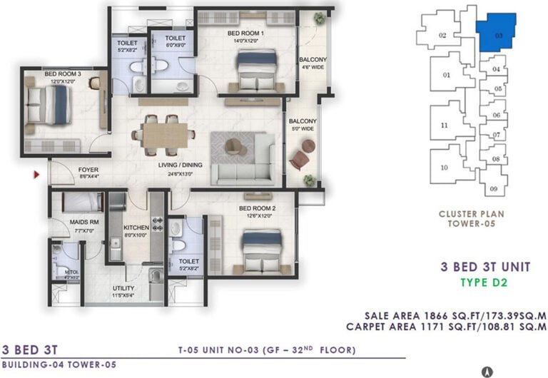 1866 3BHK+3T - Prestige Lavender Fields