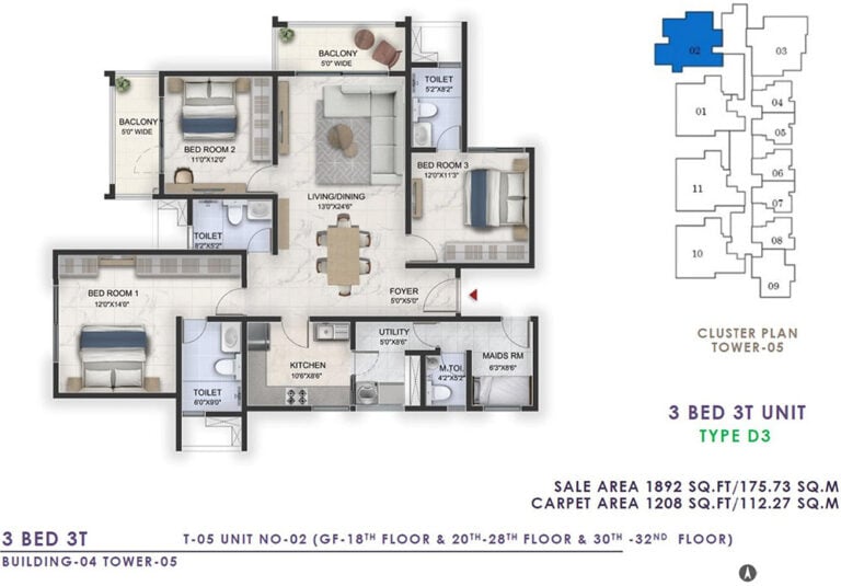 1892 3BHK+3T - Prestige Lavender Fields