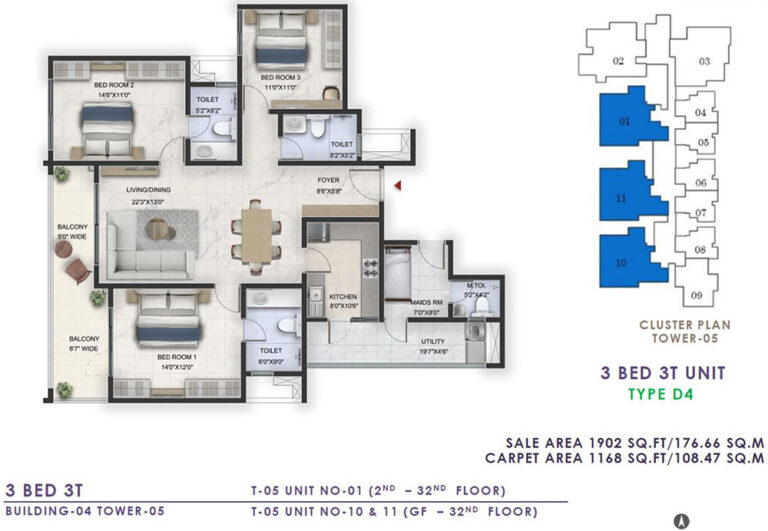 1902 3BHK+3T - Prestige Lavender Fields