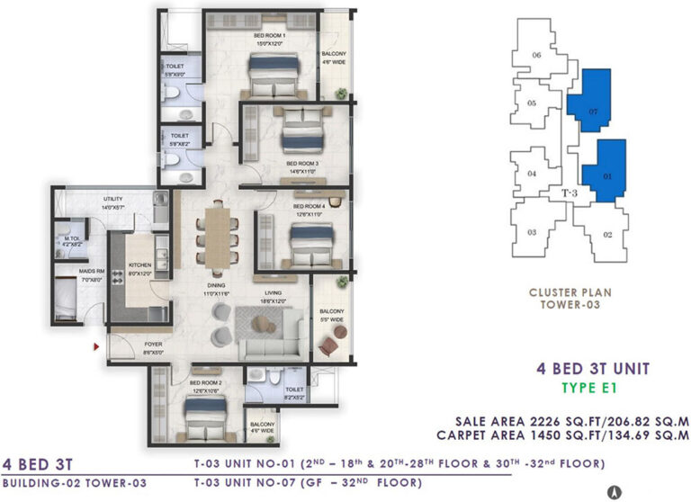 2226 4BHK+3T - Prestige Lavender Fields