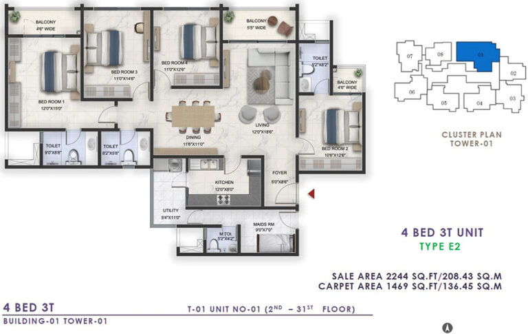 2244 4BHK+3T - Prestige Lavender Fields
