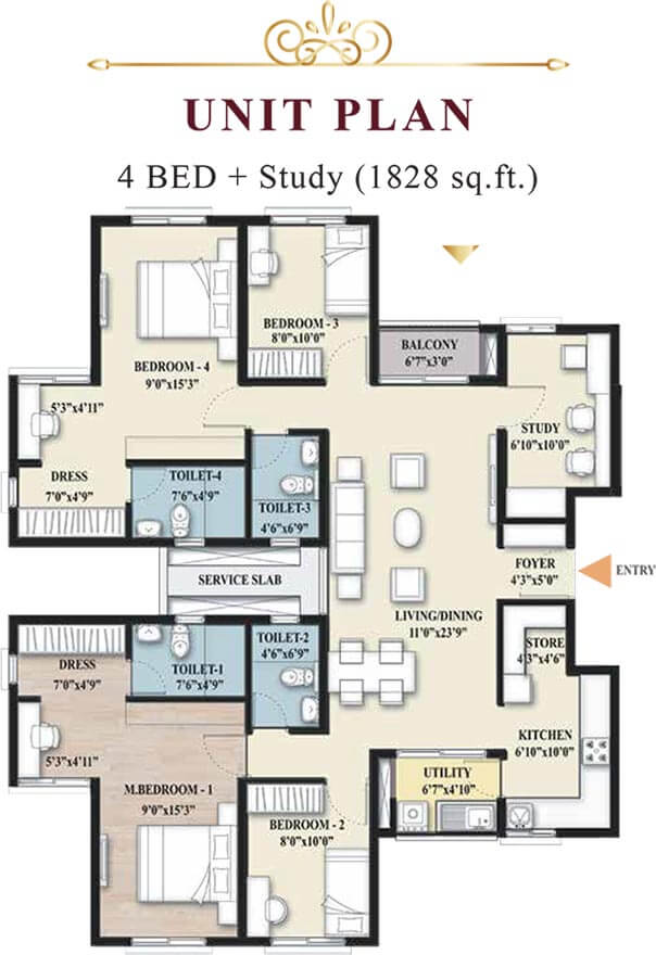 4bhk+study 1828 shriram imperial heights