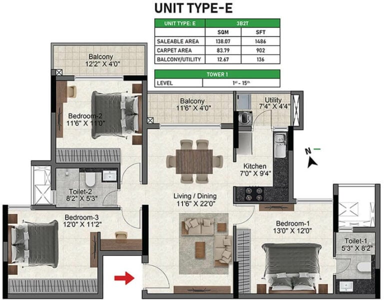 3bhk 1486 prestige glenbrook whitefield
