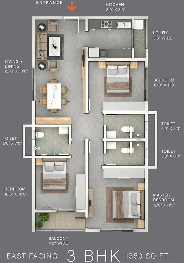 3bhk east 1350 the line narsingi