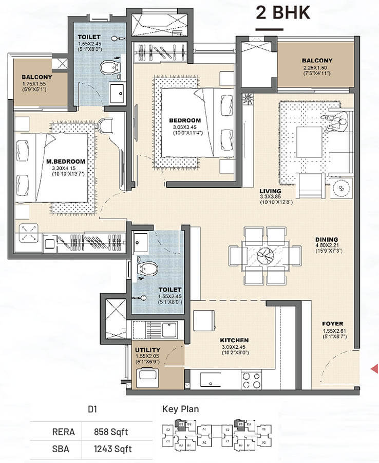 2bhk 1243 vajram newtown 2.0