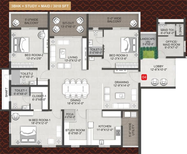 3bhk+study+maid 3010 team4 arka by team4 lifespaces
