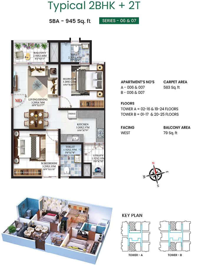 2BHK 945 - SBR Minara