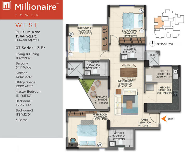 3BHK 1544 - Artismo Millionaire Tower