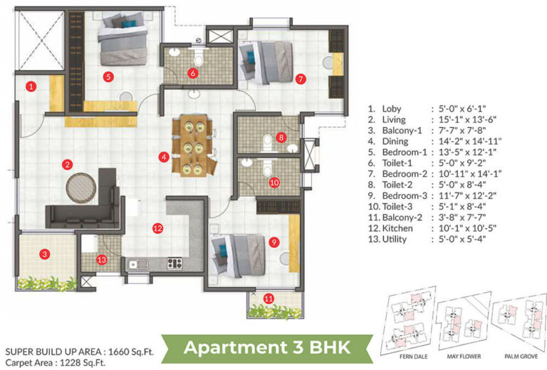 3BHK Apartment 1660 - Aratt Cityscapes