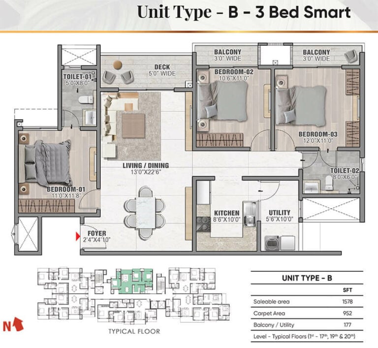 3BHK Smart 1578 - Prestige Camden Gardens