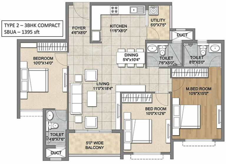 3BHK Compact 1395 - Ajmera Codename Electronic City