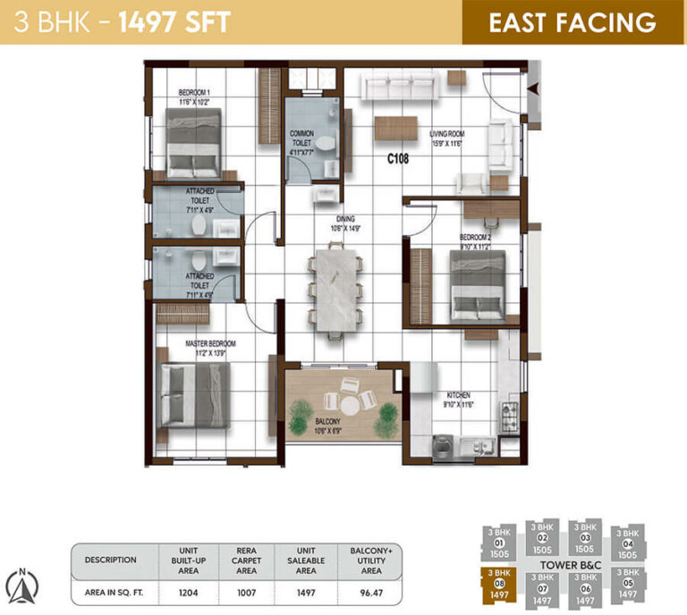 3BHK 1497 - NCC Urban Ivy Towers Chennai