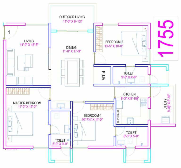 3BHK 1755 - The Legacy by Ananda Homes Alkapur Township Apartments Manikonda