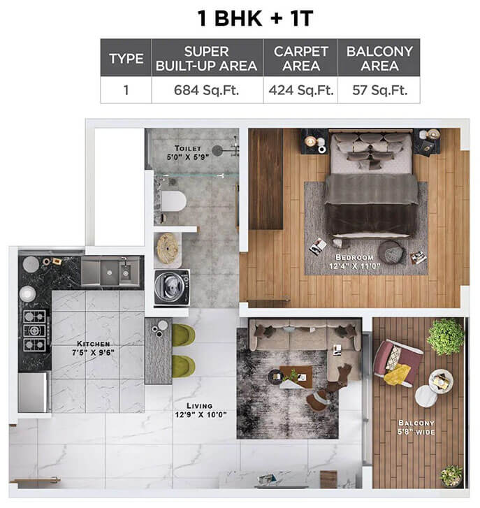 1BHK 684 - Sattva Lumina