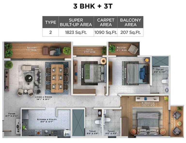 3BHK-3T 1823 - Sattva Lumina
