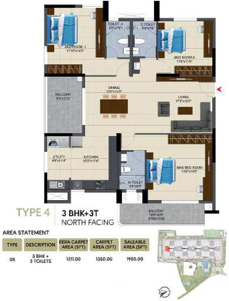 3BHK 1950 - NCC Urban Lake Springs