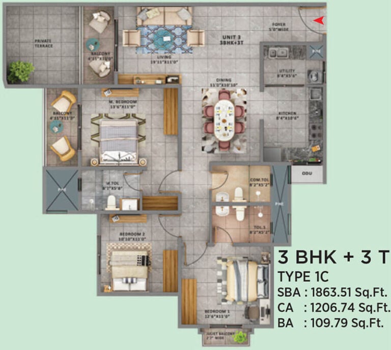 3BHK 1863 - Sattva Forest Ridge Anjanapura