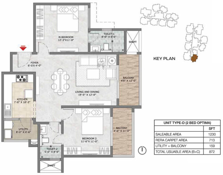 2BHK Optima 1230 - Prestige Suncrest Apartments