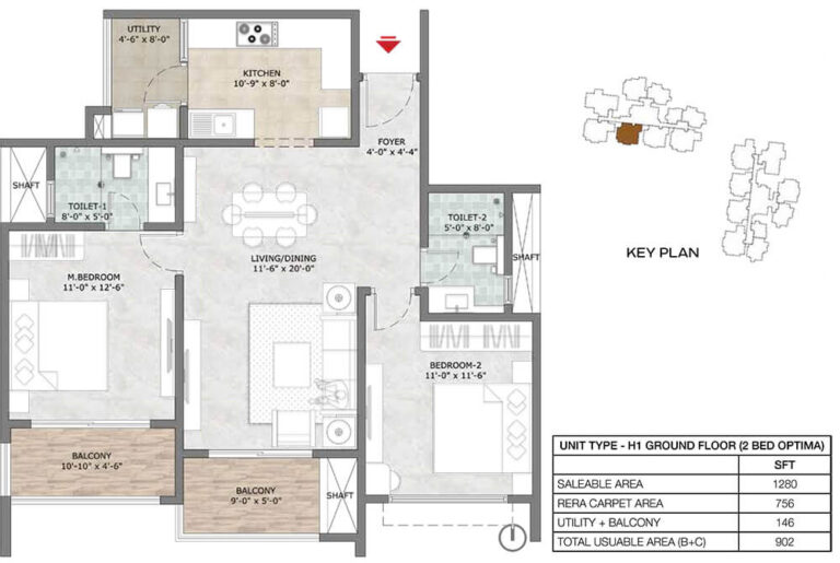 2BHK Optima 1280 - Prestige Suncrest Apartments