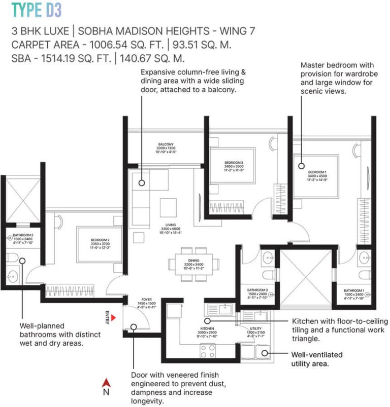3BHK 1514 - Sobha Town Park Phase 3