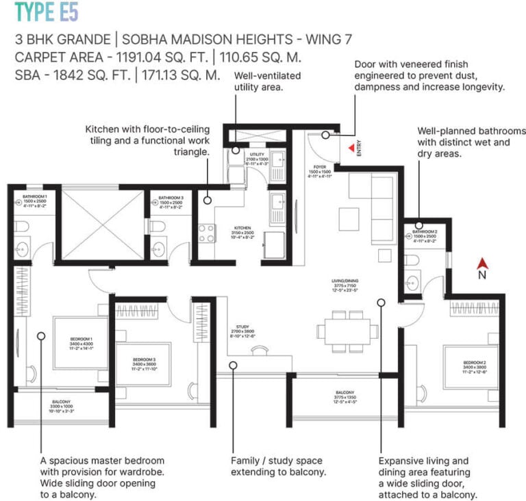 3BHK 1842 - Sobha Town Park Phase 3